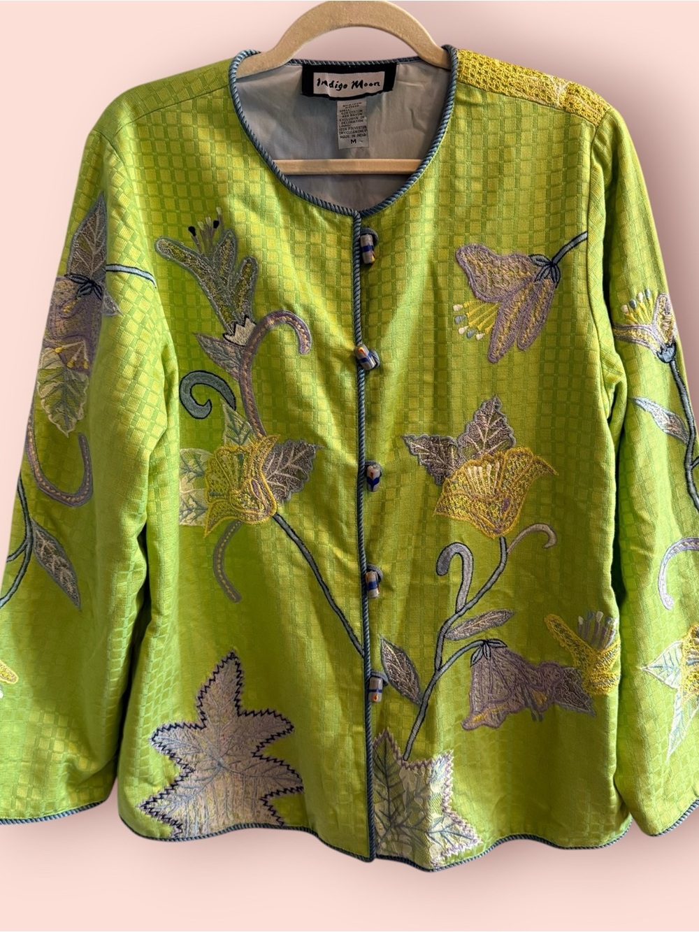 Indigo Moon Embroidered Floral Beaded Jacket Top Green Textured